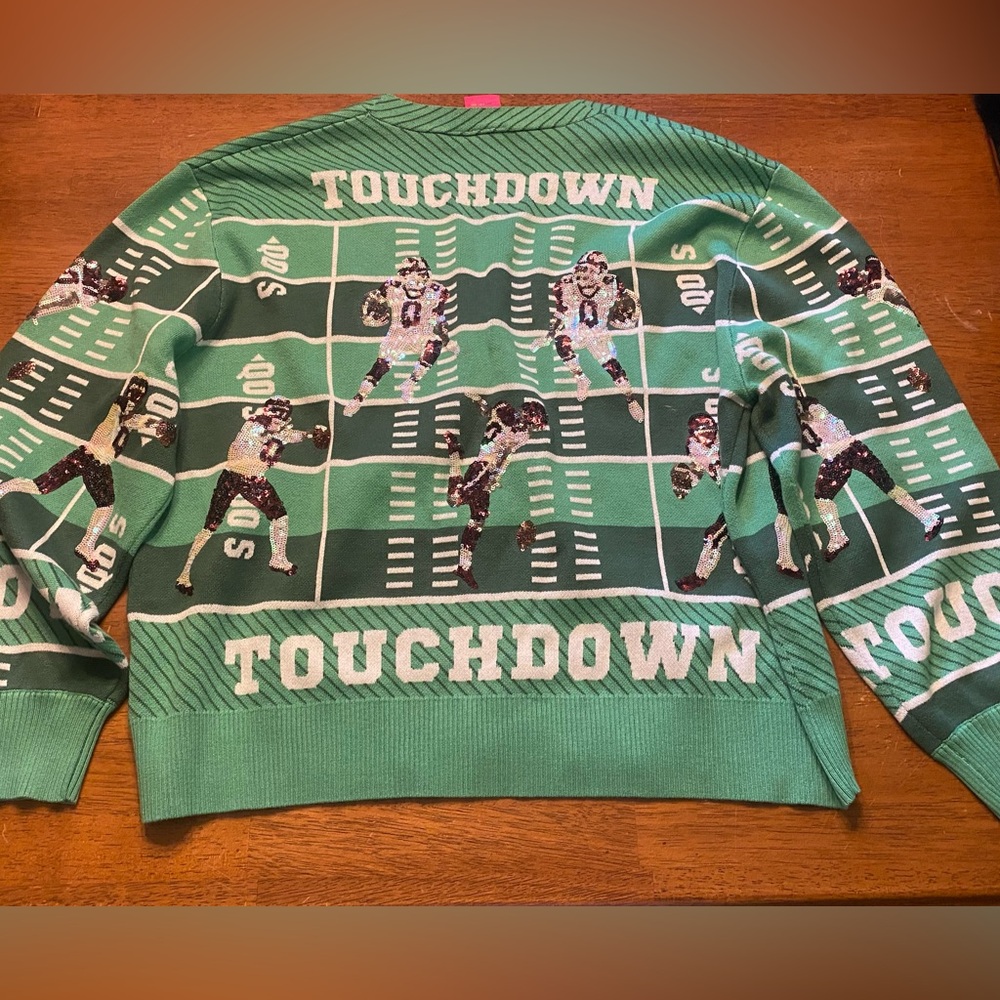 QUEEN OF SPARKLES Green Sequin Football Touchdown Cardigan - Picture 9 of 16